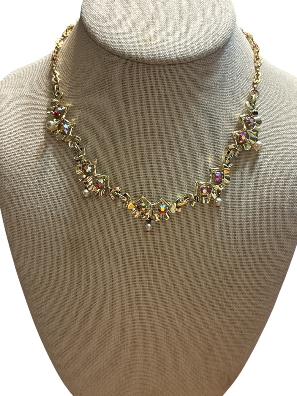 Gold-Tone Pink Iridescent AB Rhinestone  Necklace